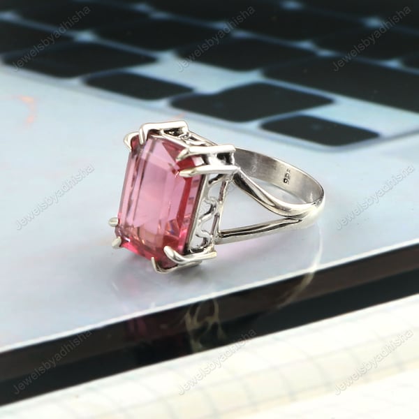 Gorgeous Pink Tourmaline Ring,925 Sterling Silver Ring, Emerald Cut Ring, Solitaire Ring, Handmade Ring, Engagement Ring, Pink Gemstone Ring