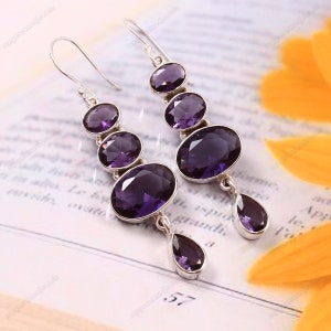 Natural Amethyst Earring-925 Sterling Silver -Art deco Purple Earring-Women&#39;s Earring-Handmade Earring-vintage earring personalized gift