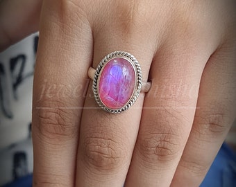 Rainbow Moonstone Ring,925 Sterling Silver Ring, Oval Handmade Ring, Natural Pink Moonstone Ring ,High Blue Flash Ring, Women's Jewelry