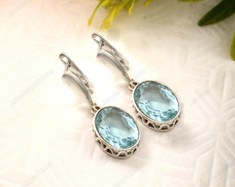 Aquamarine dangle, Ocean blue gemstone drop earrings, gift for her, gift for mom, March birthstone,925 Sterling Silver, aquamarine, earrings