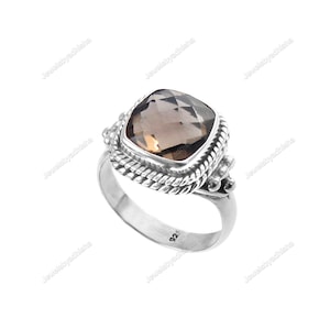 Natural Smoky Quartz Ring- Cushion Cut Gemstone Ring- 925 Sterling Silver Ring- Brown Smoky Ring-Handmade Ring-Women's Ring-Men's Ring-Gift