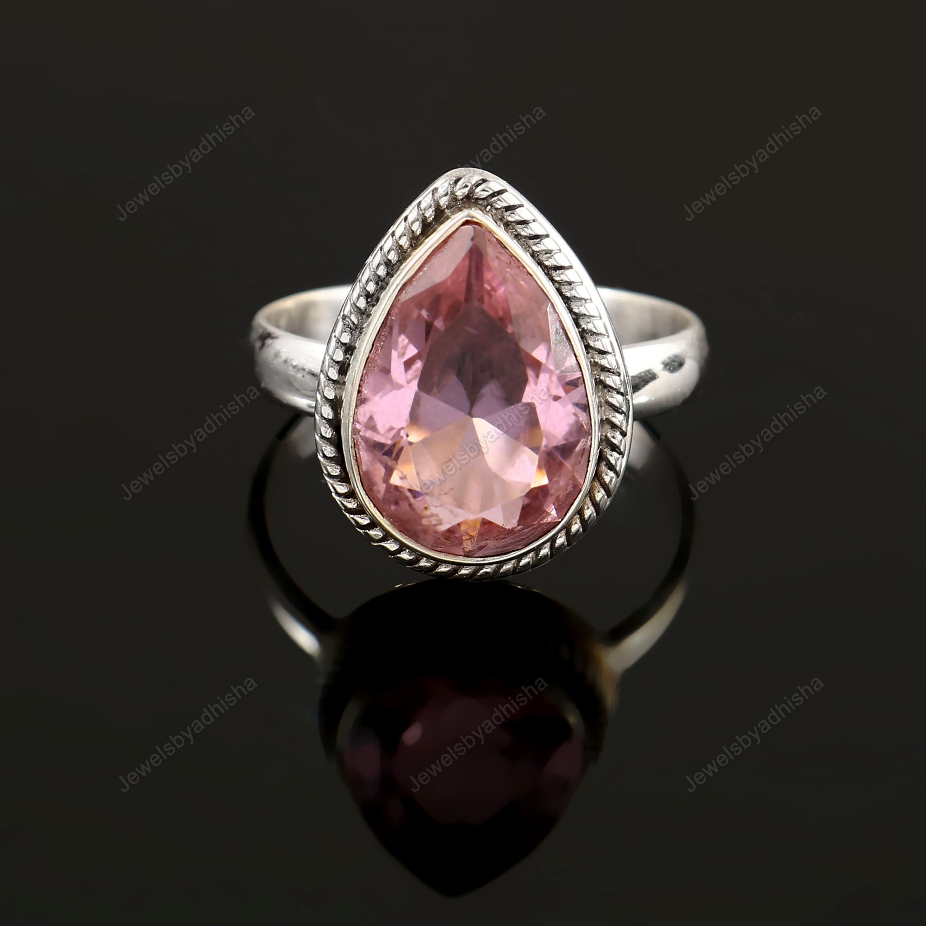 Bague Réglable En Argent Sterling 925 - Pierre Kunzite Rose En Forme De Poire - Création Lab - Fait Main - Neuf Sans Emballage