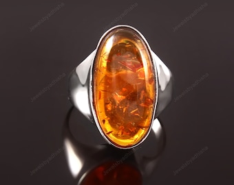 Oval Amber Ring, Sterling Silver, Gemstone, Statement