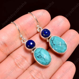 Natural Turquoise Lapis Lazuli Earrings, Vintage Earrings, Gemstone Earrings 925 Sterling Silver Handmade Earring, Turquoise Earring jewelry