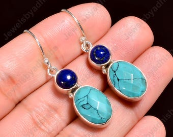 Boucles d'oreilles turquoise naturelle en lapis lazuli, boucles d'oreilles vintage, boucles d'oreilles en pierres précieuses, boucle d'oreille faite main en argent sterling 925, bijoux de boucle d'oreille turquoise