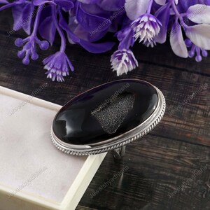 Black Onyx Druzy Ring*Large long Black Onyx Ring*925 Sterling Silver Ring*Unique Ring*Big Ring*Black Onyx Jewelry*Vintage Statement Ring