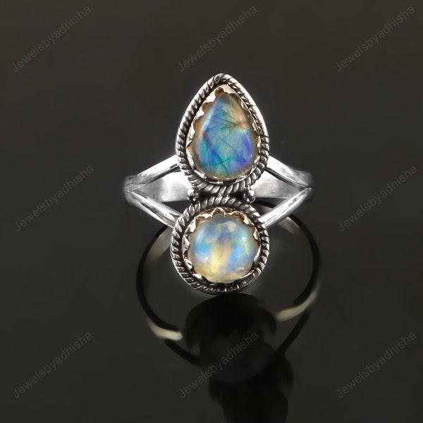 Natural Labradorite moonstone Ring,High blue Flash Ring,925 Sterling Silver Ring,Handmade Ring, Designer Ring, Women's Ring,Two Stone Ring