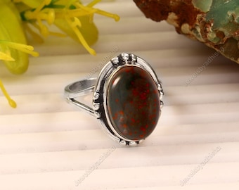 UK VINTAGE SILVER RING BLOODSTONE 12号 Bloodstone Ring, 925 Sterling Silver Birthstone Jewelry Handmade