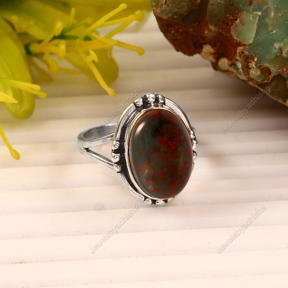 UK VINTAGE SILVER RING BLOODSTONE 12号 Bloodstone Ring, 925 Sterling Silver Birthstone Jewelry Handmade
