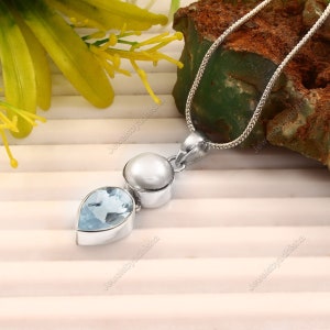 Natural Biwa Pearl Aquamarine Necklace*925 Sterling Silver Necklace*Pearl Necklace*Aquamarine Pendant*Handmade Jewelry*Gift For Her*Gift