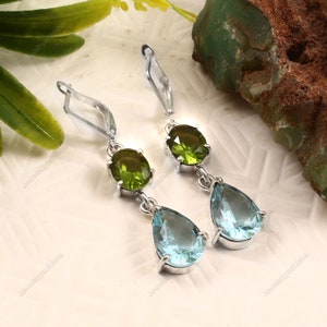 Pendientes de peridoto y aguamarina, pendientes largos de lágrima de plata de ley 925, pendientes para niñas, regalo para ella, piedra de nacimiento de marzo, pendientes vintage Art
