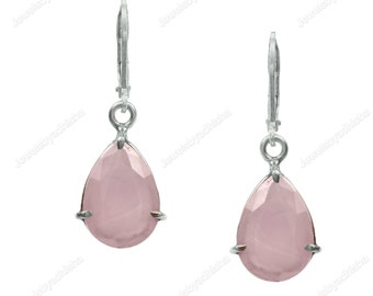 Natural Rose Quartz teardrop dangle earrings, Pink gemstone drop earrings, January birthstone, gift for her,925 sterling Silver Earring