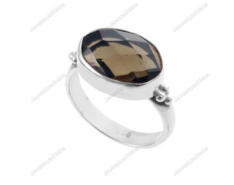 Bague ovale en quartz fumé - Bague en argent sterling 925 faite main avec pierres précieuses