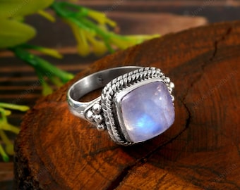 Natural Rainbow Moonstone Ring,925 Sterling Silver Ring,Cushion Cut Ring ,Handmade Ring, Women's Ring ,Blue Flash Ring, Engagement Ring Gift