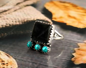 Black Onyx Turquoise Rings, Vintage rings jewelry, 925 Sterling Silver Handmade Ring, Black Ring, Turquoise Ring, Onyx Ring, Art deco rings
