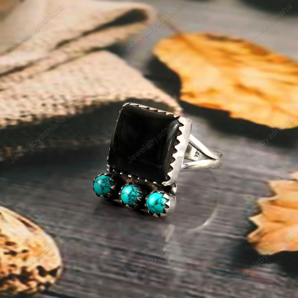 Black Onyx Turquoise Ring, Natural Large Gemstone, 925 Sterling Silver Handmade Ring, Black Ring, Turquoise Ring, Onyx Ring, Four Stone Ring