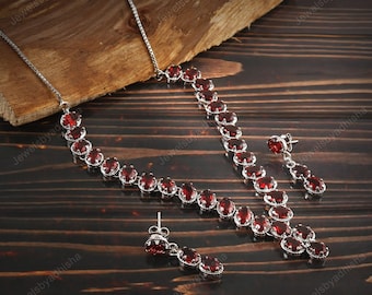 Natural Garnet Necklace, Red Necklace,925 Sterling Silver Necklace, Handmade Necklace, Red Garnet Art deco Necklace,18 Inches Long Necklace