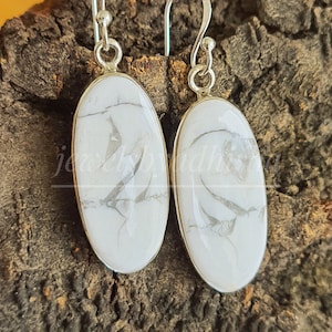 Howlite Earring- Long Oval Earring-925 Sterling Silver Earring-White Black Earring-Women&#39;s Earring-Handmade Earring-White Buffalo Earring
