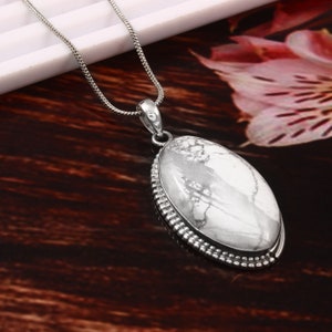 Howlite Necklace-925 Sterling Silver Pendant-RARE TO FIND Women&#39;s  Necklace-Statement Pendant-Large Oval Jewelry-Natural Gemstone Free Chain