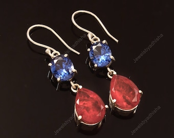 Natural Ruby Blue Sapphire Earrings* Gemstone *925 Sterling Silver Handmade Birthstone Earrings*Gift Jewelry