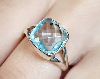 Aquamarine Ring- Handmade Ring-March Birthstone Ring-925 Sterling Silver Ring-Filigree Ring-Cushion Cut Ring-Engagement Ring-Blue stone Ring