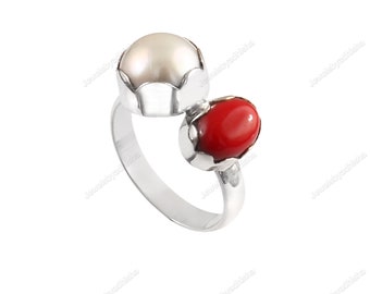 Coral Pearl Ring - Handmade 925 Sterling Silver Statement Ring