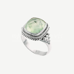 Natural Prehnite Ring- 925 Sterling Silver Ring-Cushion Shape Stone Ring-Handmade Ring-Engagement Ring-Minimalist Ring-Green Prehnite Ring