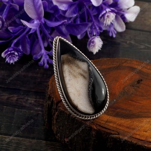 Black Onyx Druzy Ring*Large long Black Onyx Ring*925 Sterling Silver Ring*Unique Ring*Art Deco Pear  Ring*Black Onyx Jewelry*Statement Ring