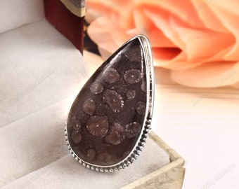 Handmade Pear Fossil Coral Ring, Sterling Silver, Long Gemstone