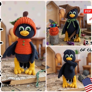Häkelanleitung Puppe Rabe im Kürbis und Zaubererkostüm. TUTORIAL Crow in Englisch als PDF. Amigurumi Krähe. Halloween-Muster.
