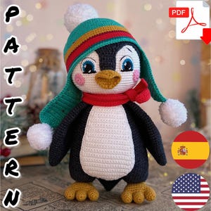 May include: A handmade crochet penguin doll wearing a green and red hat, a red scarf, and yellow feet. The penguin has a white belly and black body. The word "PATTERN" is written vertically on the left side of the image.