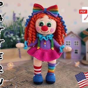Poupée au crochet, jolie fille clownesque. TUTORIEL poupée Clown en anglais en PDF. Clown amigurumi.