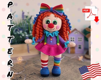 Poupée au crochet, jolie fille clownesque. TUTORIEL poupée Clown en anglais en PDF. Clown amigurumi.