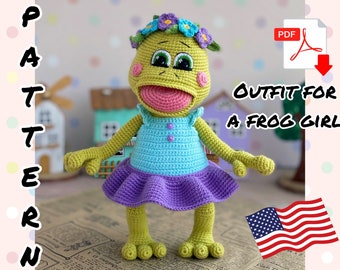 Patron au crochet TENUE pour poupée fille grenouille. TUTORIEL de tenue pour fille grenouille en anglais en PDF. Tenue Amigurumi.