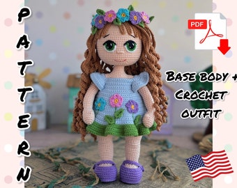 Modèle au crochet pour poupée + tenue au crochet pour poupée. TUTORIEL poupée et tenue en anglais au format PDF. Poupée Amigurumi.