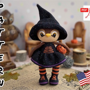Crochet Pattern Doll Witch Owl. TUTORIAL doll Owl in English in PDF. Amigurumi Owl. Halloween Pattern.