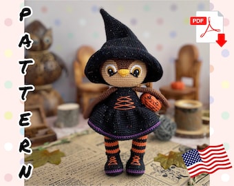 Virkmönster docka häxa uggla. HANDLEDNING docka uggla på engelska i PDF. Amigurumi uggla. Halloweenmönster.
