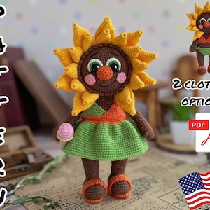 Häkelanleitung Puppe Sonnenblume. TUTORIAL Puppe Sonnenblume in Englisch als PDF. Amigurumi Sonnenblume.