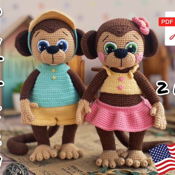 Crochet pattern Doll Monkeys girl and boy. Tutorial Monkeys in English in PDF. Amigurumi monkeys. Animal Patterns.