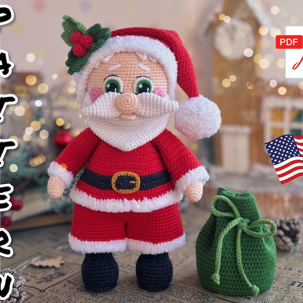 Poupée Père Noël au crochet. TUTORIEL poupée Père Noël en anglais en PDF. Père Noël Amigurumi. Motif de Noël.