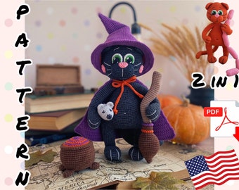 Crochet Pattern Doll Wizard Black CAT. TUTORIAL Cat in English in PDF. Amigurumi cat. Halloween Pattern.