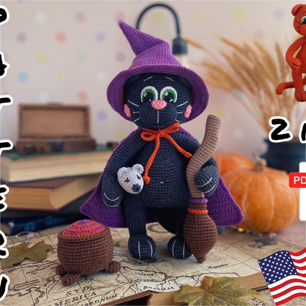 Modello all'uncinetto per bambola mago nera CAT. TUTORIAL Gatto in inglese in PDF. Gatto Amigurumi. Modello di Halloween.