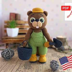 Crochet pattern Doll Beaver Builder. Tutorial Beaver in English in PDF. Amigurumi Beaver. Animals Pattern.