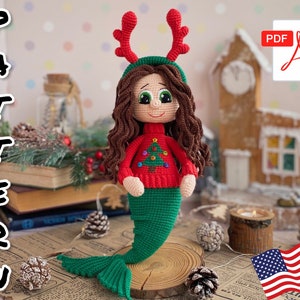 Cute mermaid doll Amigurumi in Christmas outfit, Crochet PATTERN. TUTORIAL Christmas Mermaid  in English in PDF. Amigurumi doll.
