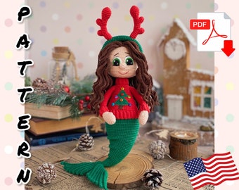 Jolie poupée sirène Amigurumi en tenue de Noël, Crochet PATTERN. TUTORIEL Sirène de Noël en anglais en PDF. Poupée Amigurumi.