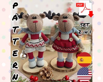 May include: A crochet pattern for two amigurumi reindeer, one wearing a red dress and the other wearing blue pants. The pattern is available as a PDF download and includes instructions for making both reindeer. The pattern is available in English and Spanish.