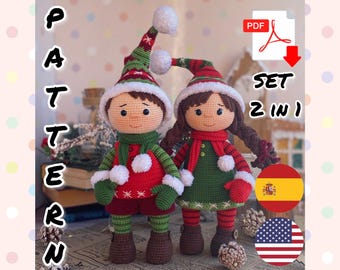 May include: Crochet pattern for two elf dolls, one in red and green and the other in green and red. The pattern is available in PDF format and includes instructions for both dolls. The pattern is available in English and Spanish.