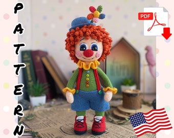 Clown de poupée au crochet. TUTORIEL poupée Clown en anglais en PDF. Clown amigurumi.