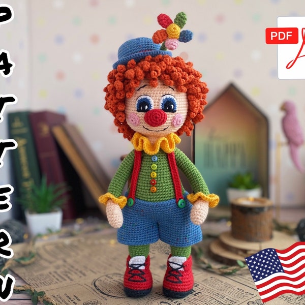 Klaun w kształcie lalki na szydełku. TUTORIAL lalka Clown w języku angielskim w formacie PDF. Klaun amigurumi.