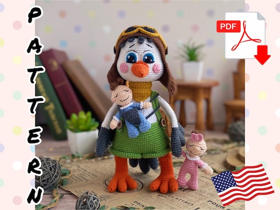 Crochet Pattern Doll Stork Pilot and baby. TUTORIAL Stork and Baby in English in PDF. Amigurumi bird.  Amigurumi baby doll.